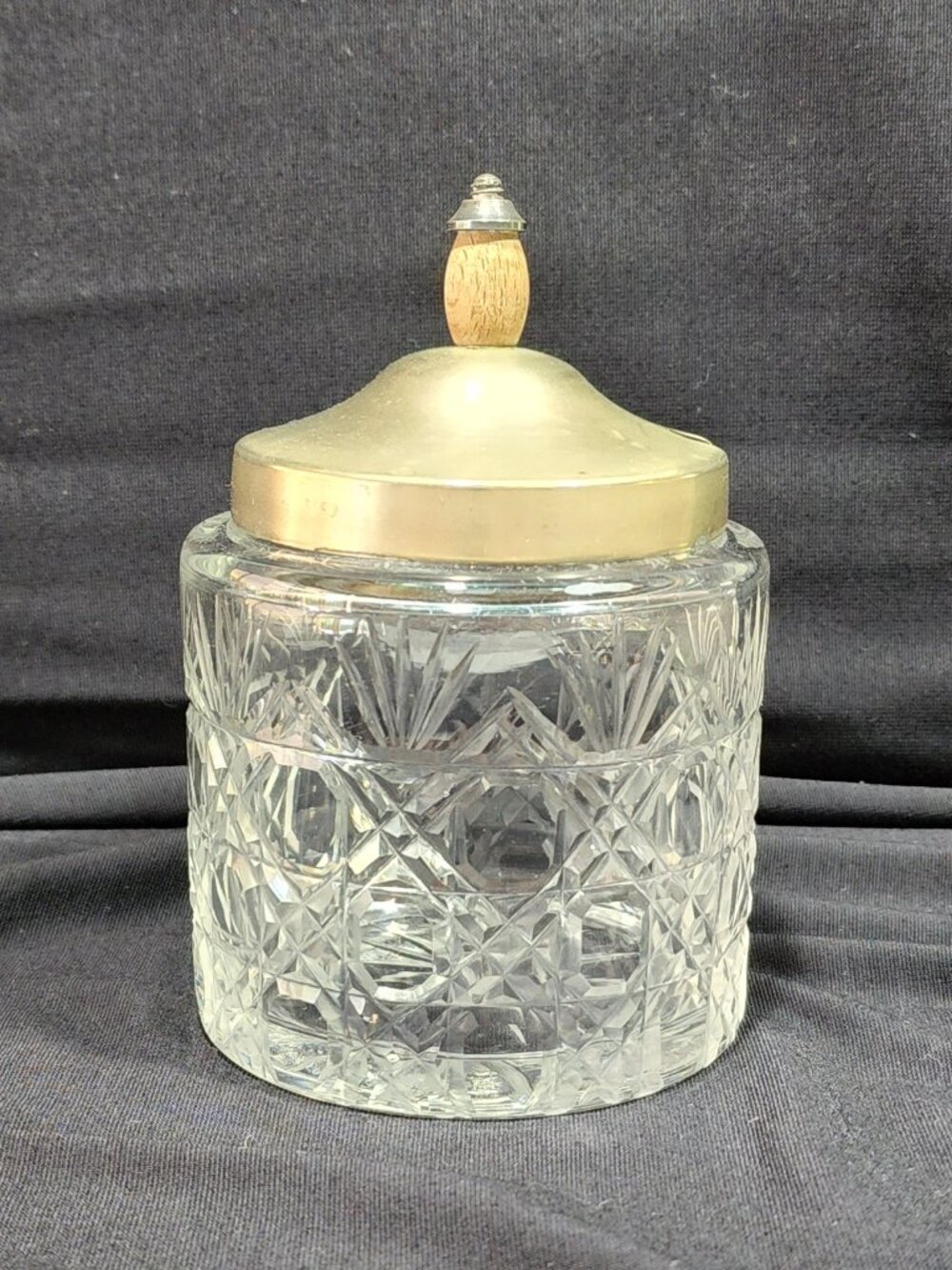Sugar Cube Crystal Cut Glass Jar EPNS w/Metal & Wood Pull Lid RARE Antique